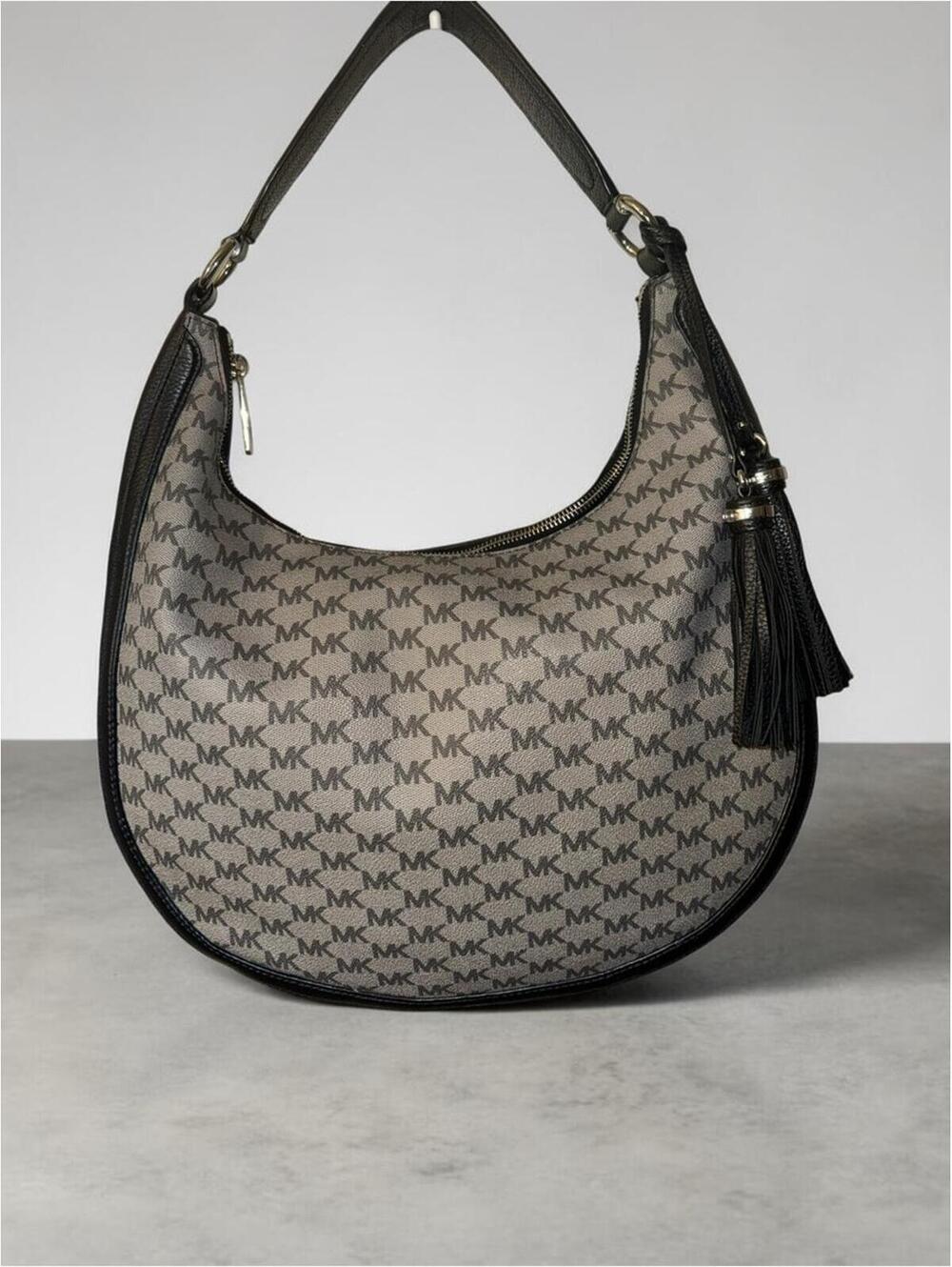 Michael Kors MK Monogram Hobo Bag Gray Black | Leather Trim Tassel Shoulder Bag